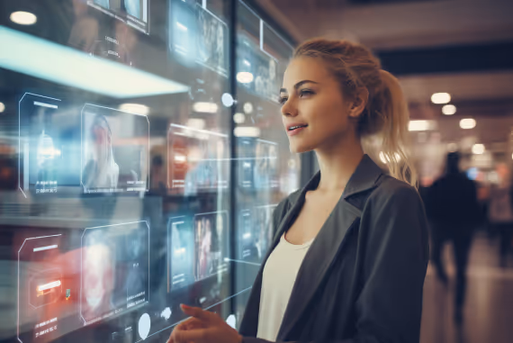 Girl staying in front of digital screen